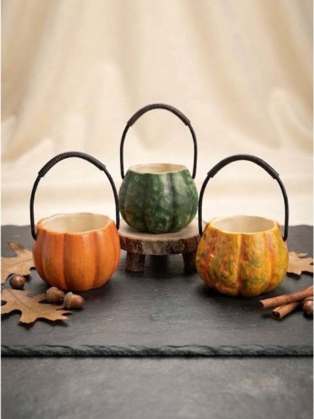 SET 3 VINTAGE RUSS HALLOWEEN/THANKSGIVING GOURDS MINI-BOWLS ORNAMENTS 3" X 3"